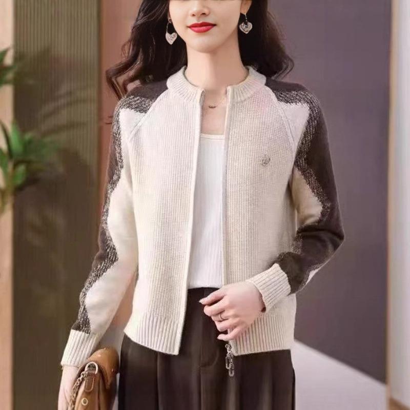 Spring new new round neck double zipper knitted sweater jacket medium mother knitted cardigan sweater jacket