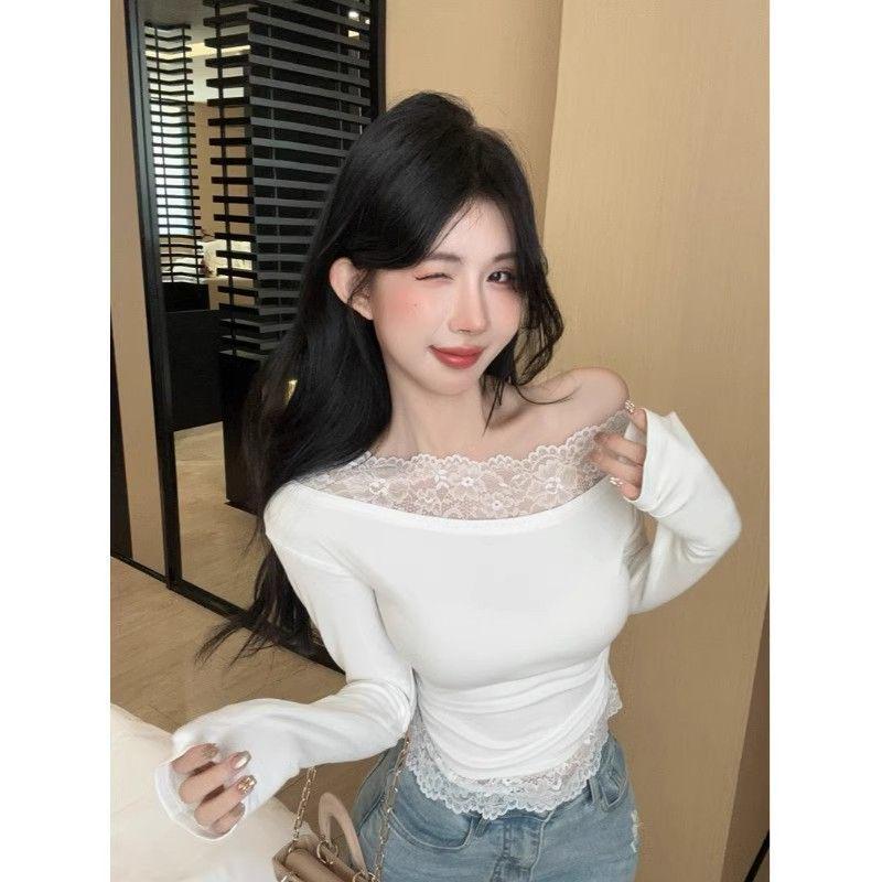 Women s Off-Shoulder French Lace Long Sleeve Sexy Top for Early Autumn S белый