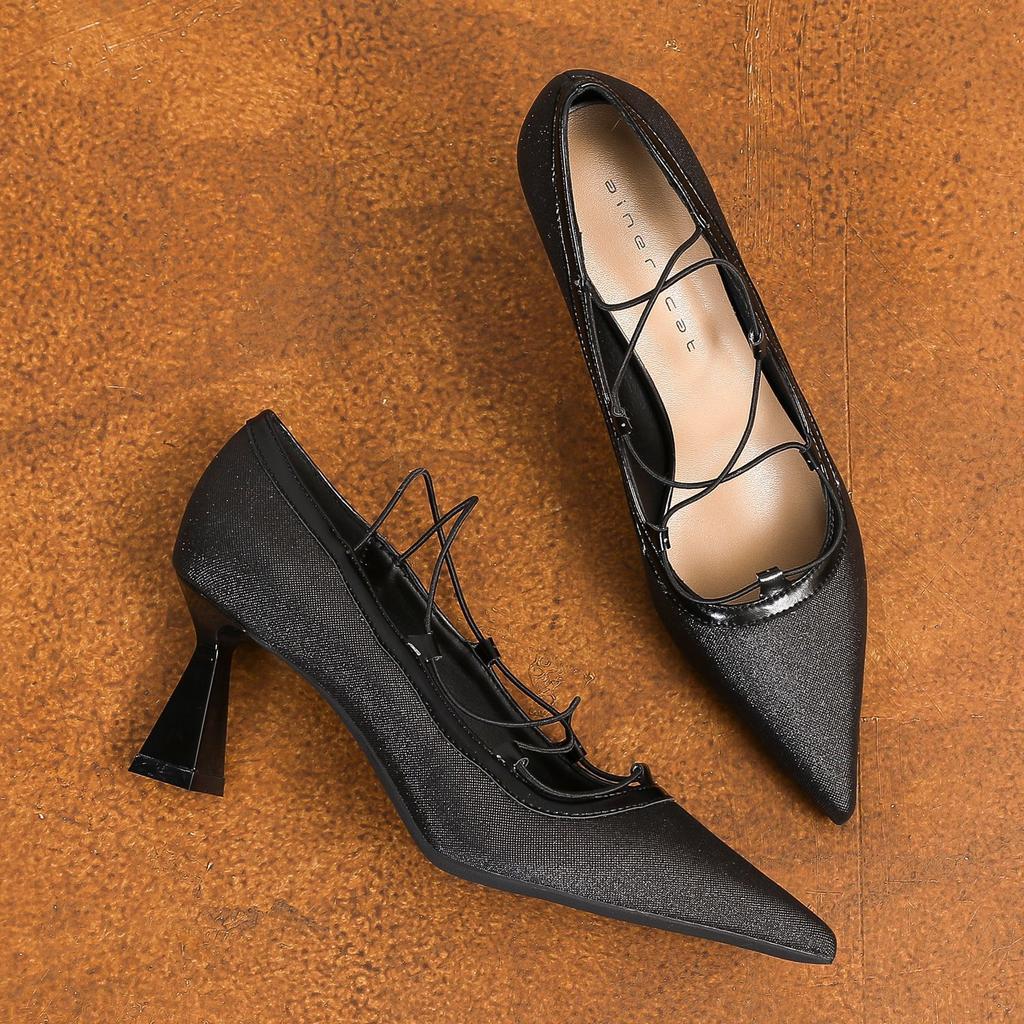 75339 [sheepskin] High Heels Women's Stilettos Summer 2025 New French Pointed Strap Splicing Single Shoes