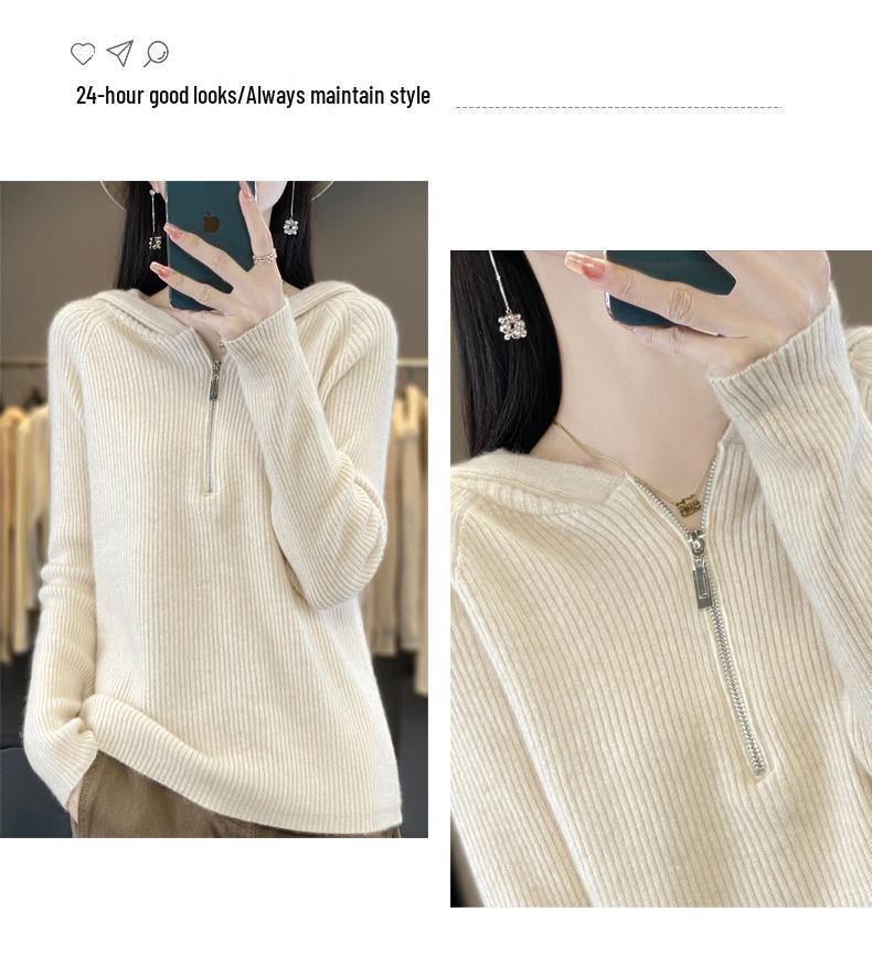 Women's Ribbed Wool Hooded Half-Zip Knit Sweater for Autumn/Winter Outerwear
