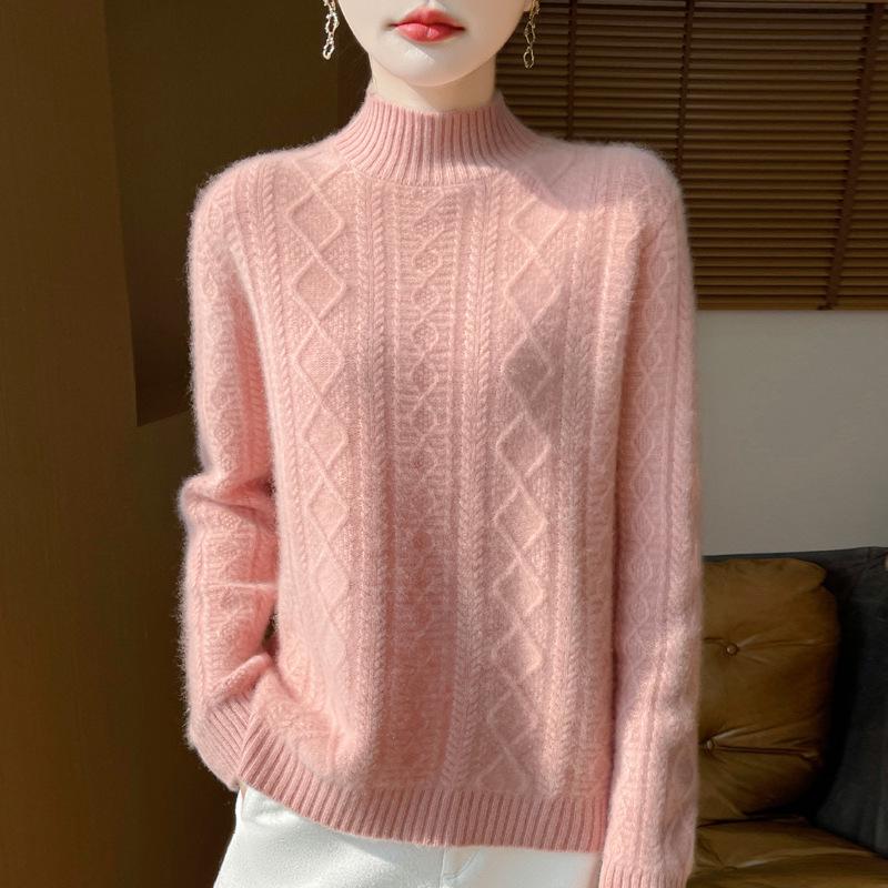 Women's High-Neck Diamond Pattern Knit Pullover Sweater, 2024 Autumn/Winter, Loose Fit, Thickened Short Base Layer