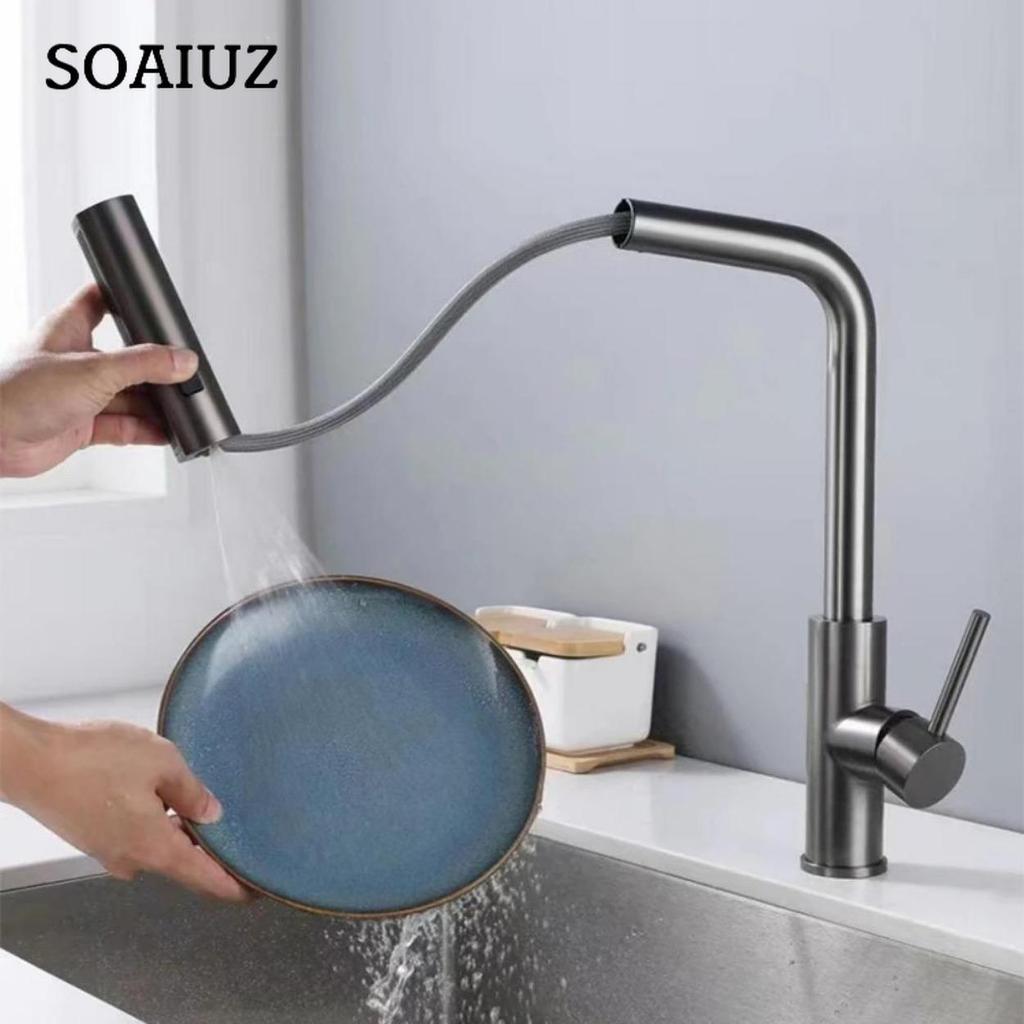 Black Kitchen Faucets Gray Pull Out Rotation Waterfall Stream Sprayer Head Sink Mixer Brushed Nickle Water Tap Accessorie