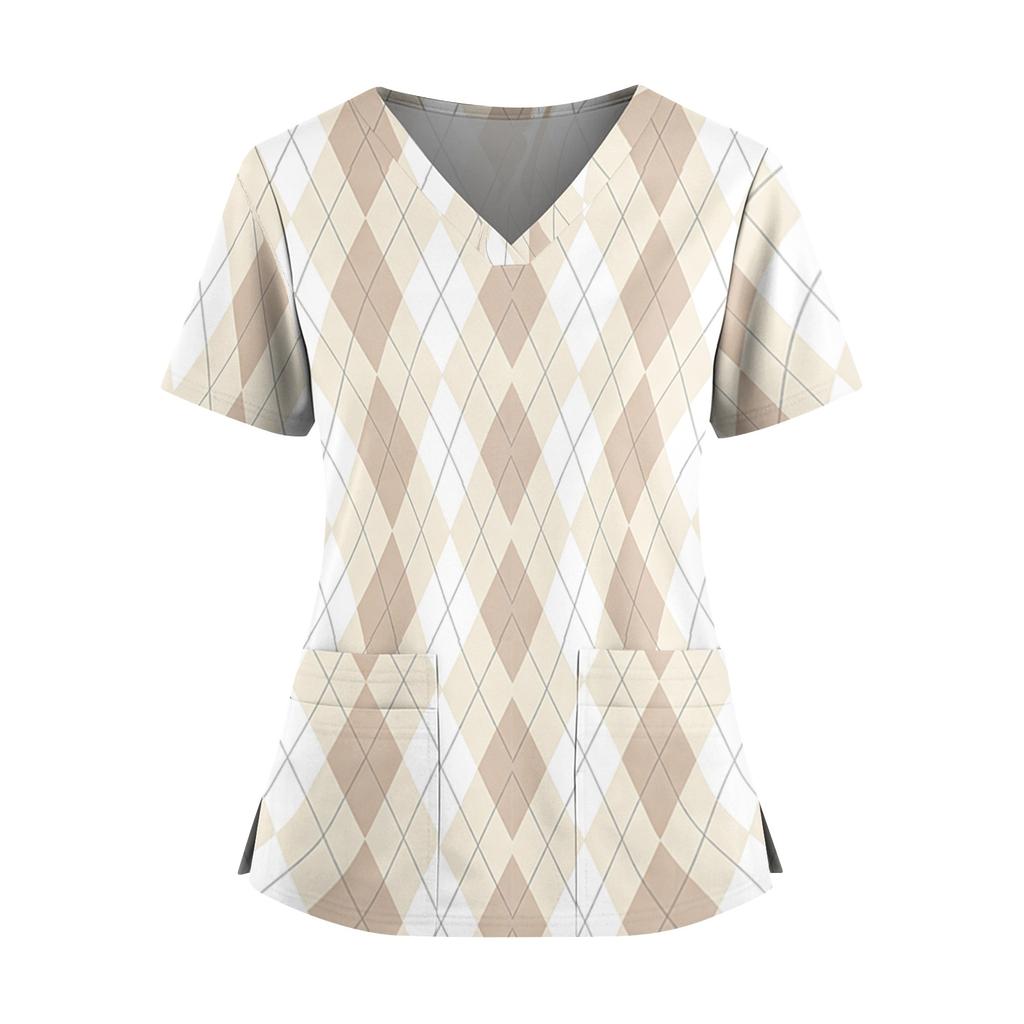 Women's Plaid Print V-Neck and Caregiver Top with Double Pockets and Split Hem Short Sleeves
