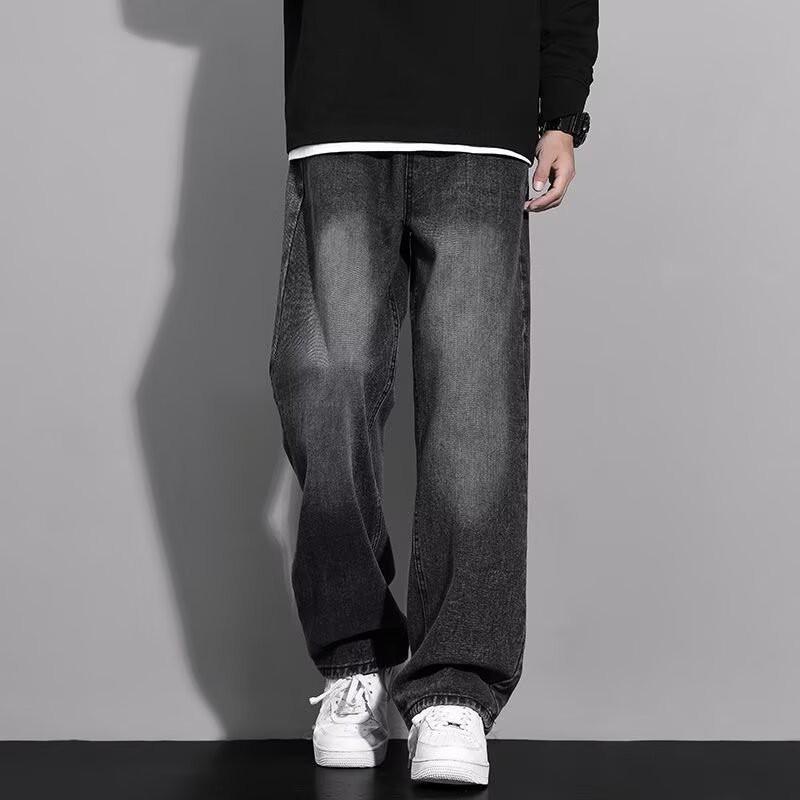 Mens Vintage Washed Straight Fit Denim Jeans Loose Wide Leg Casual Streetwear Trousers