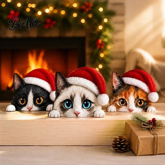 Desktop Cat Figurine Cute Shelf Sitter, Wooden Christmas Hat Peeking Desk Figurine, Funny Animal Small Statue Sign, Lover Gift for Holiday Home Office