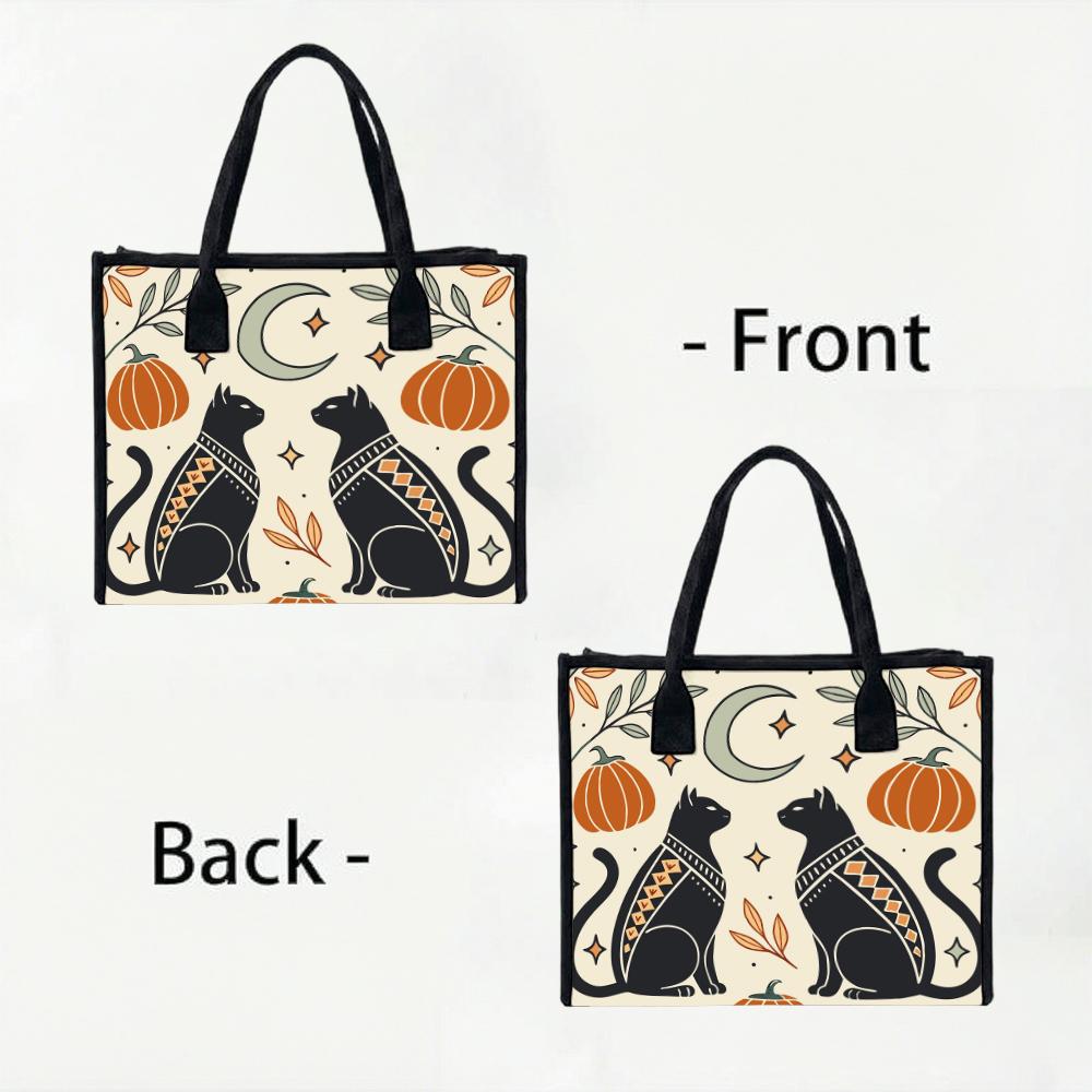 Boho Halloween Cat Pumpkin Canvas Tote Bag for Daily Use