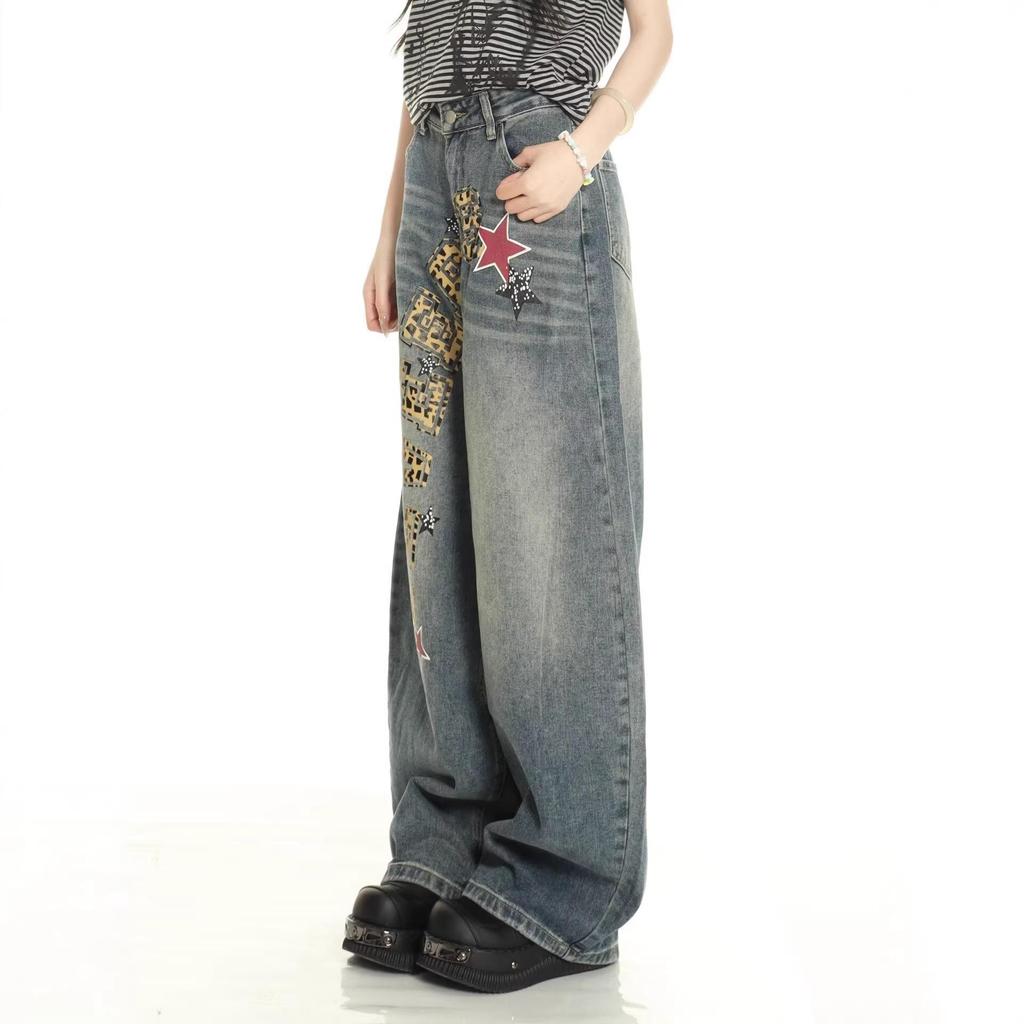 American Retro Print High Waist Wide Leg Denim Jeans for Women - 2026 Autumn/Winter Collection