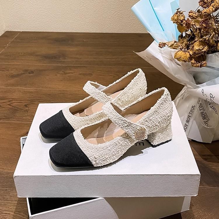 Xiaoxiangfeng Color Matching Thick Heel Mary Jane Fashion Single Shoes Women's 2025 Spring and Autumn New French Square Head Medium High Heels