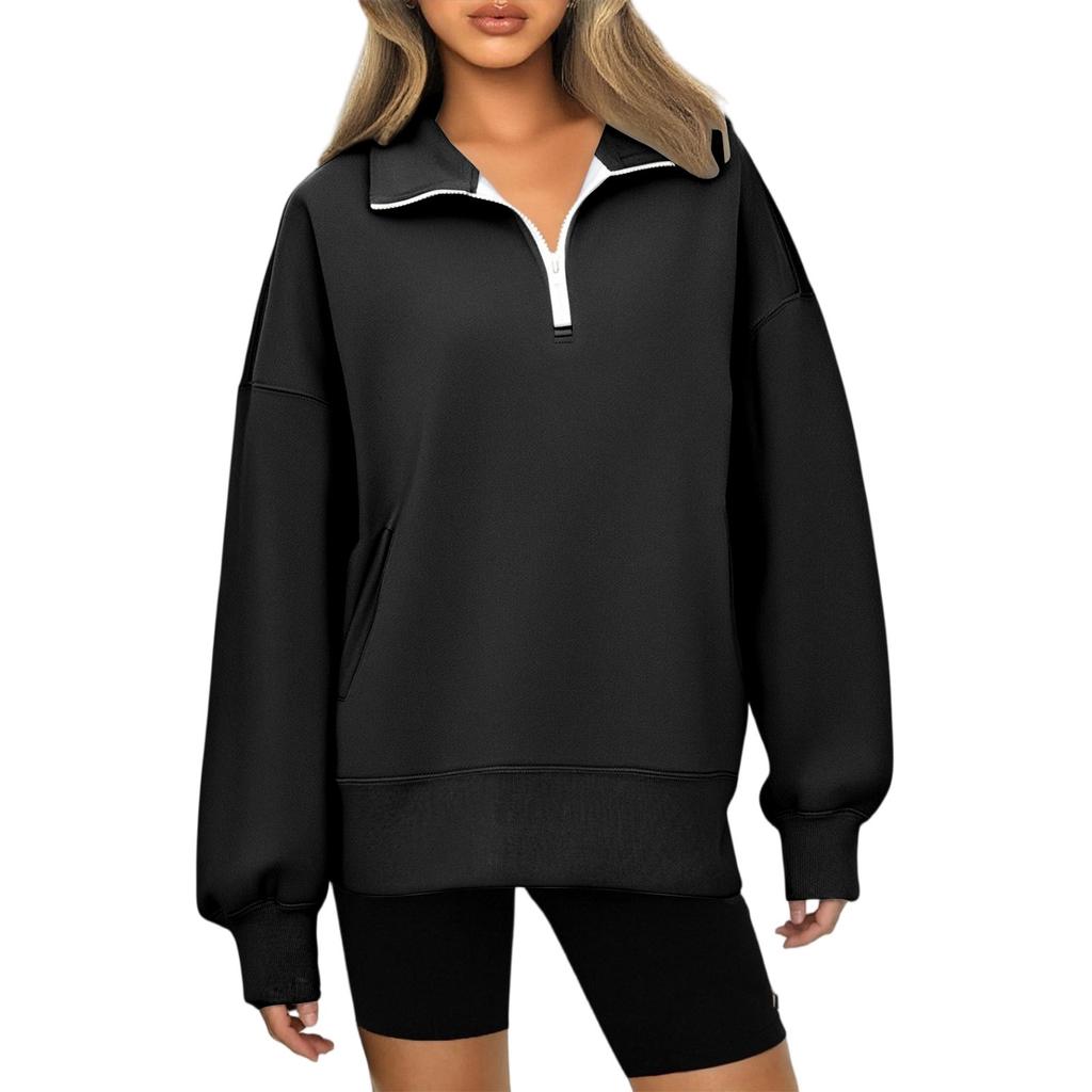 Fashionable Ladies Zipper Lapel Solid Color Pocket Casual Sweatshirt