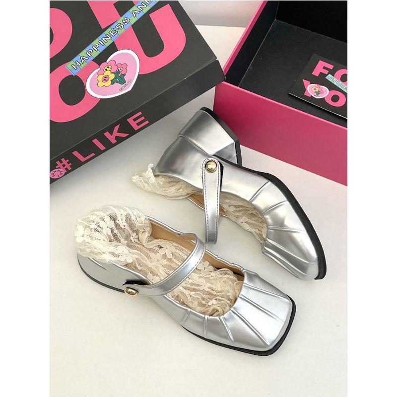 

French platform thick heel fairy high-end single shoes female spring 2025 skirt pleated Mary Jane small leather shoes 39 срібний