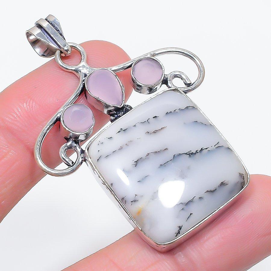 Natural Dendrite Opal, Chalcedony 925 Sterling Silver Jewelry Pendant 2.17" O0S50