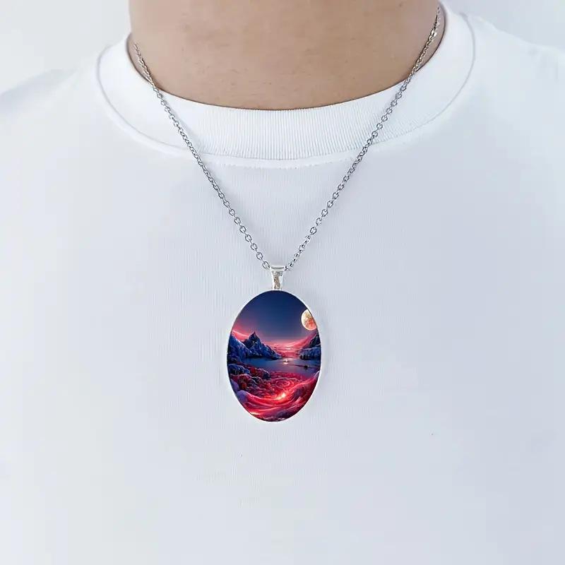 Stylish and Beautiful Exotic Night Scene Pattern Oval Alloy Pendant Stainless Steel Necklace