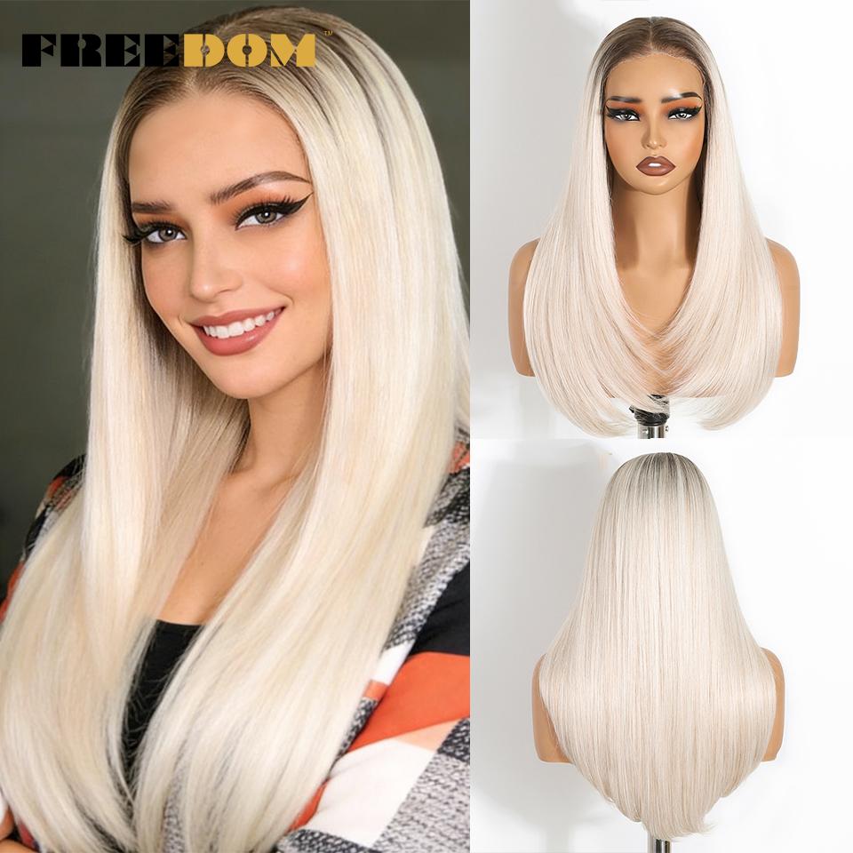 FREEDOM Synthetic Lace Front Wigs For Women 9x6 Pre Plucked Straight Layerd Wig 24" Ombre Blonde Pre Cut Wear And Go Lace Wigs
