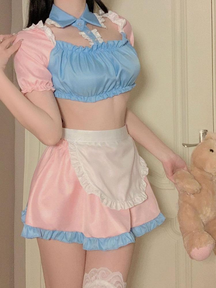 Anime Maid Dress Women Sexy Cosplay Lingerie Costumes Servant Apron with Panties Set Uniform Lolita Exotic Clothing Lace White