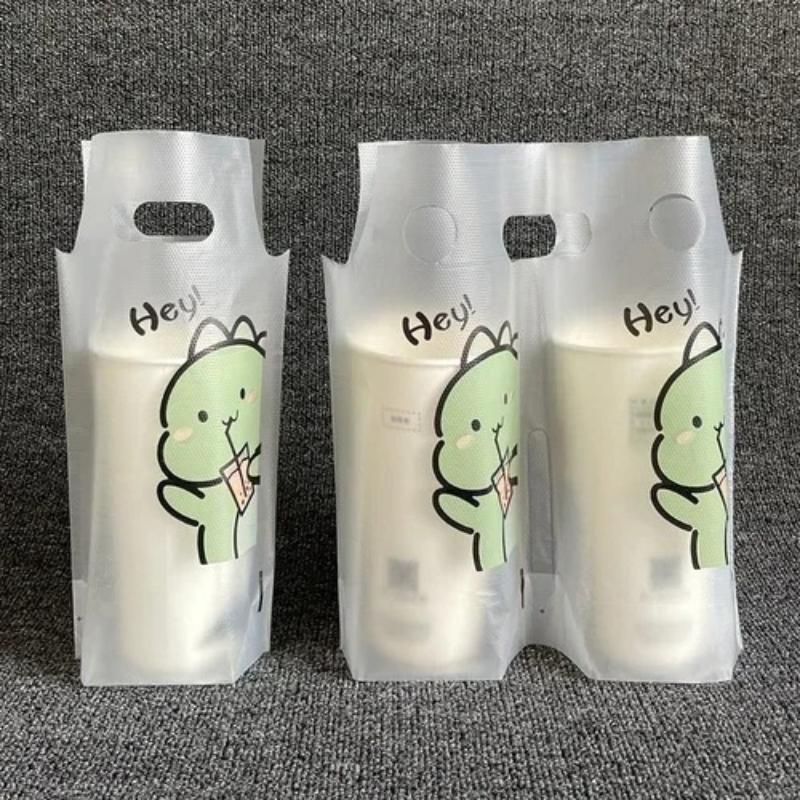 200PCS Cartone animato Sacchetto per tazza singola Sacchetto per tazza doppia Sacchetto per imballaggio di tè al latte Sacchetto per asporto Tipo di maniglia Bevande Confezione di plastica