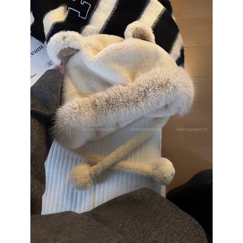 Cute bear ears hat scarf integrated women's winter versatile thickened warm hooded plush scarf tide