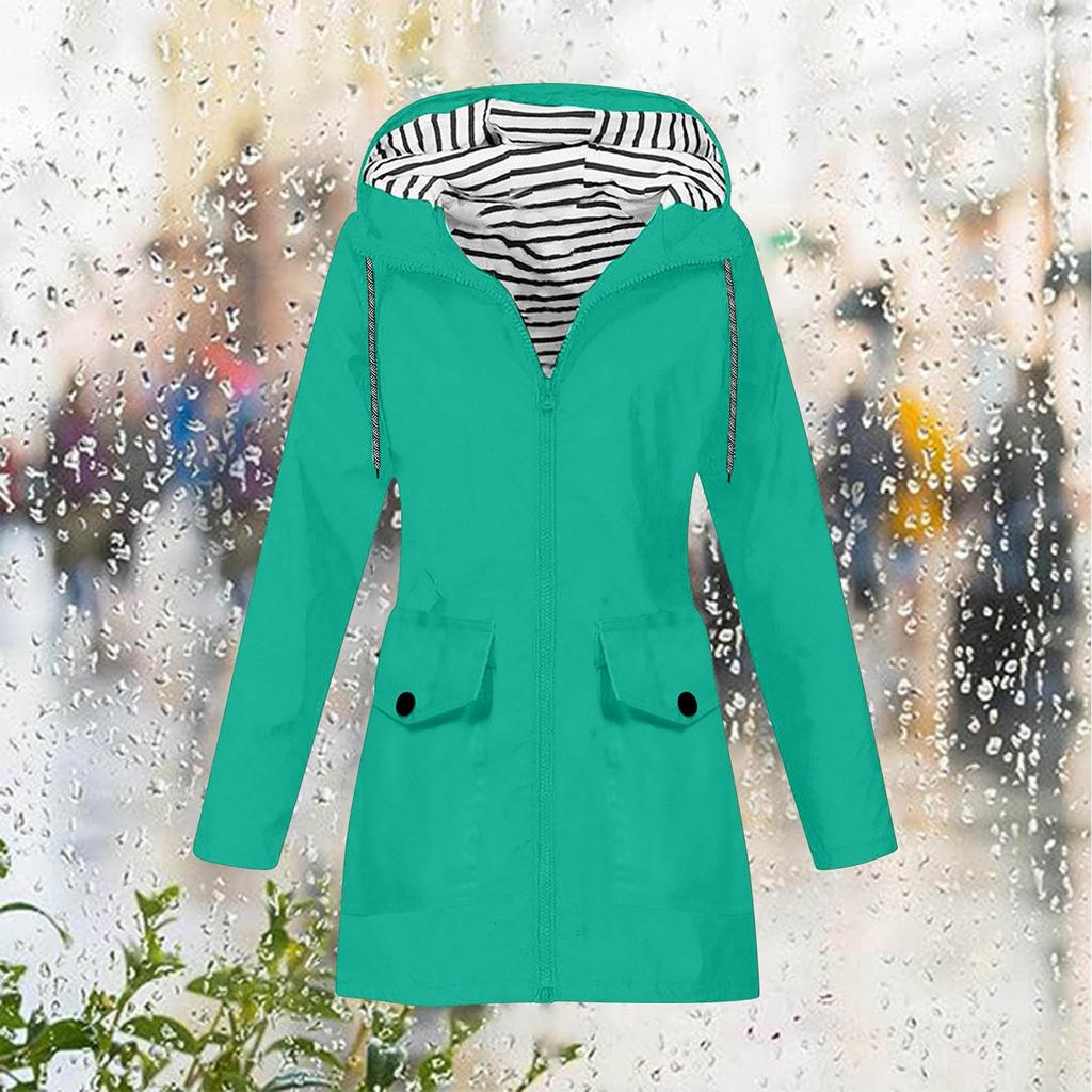 Women Stripe Rain Jacket Outdoor Plus Hooded Raincoat Windproof