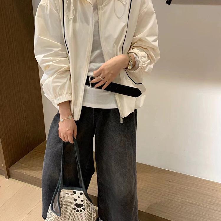 

Женская куртка с капюшоном для защиты от солнца с европейским кружевным пэчворком - Весна 2025 Свободный повседневный топ Large белый