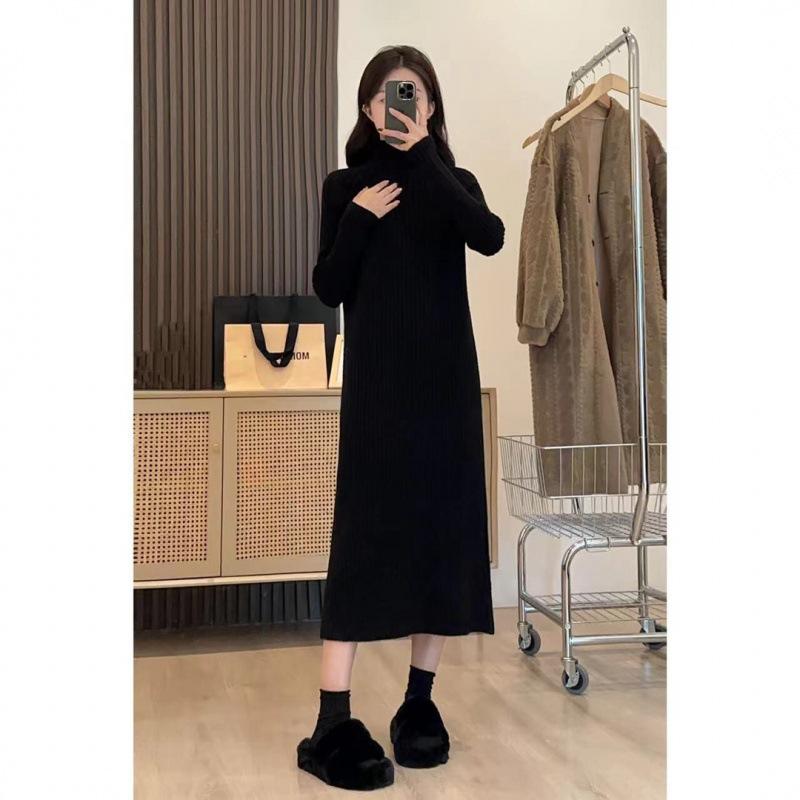 Women's Autumn and Winter Solid Colour Long High Neck Knitted Sweater Dresses