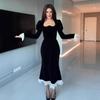 Elegant Black Velvet Long Sleeve Midi Dress With Lace Panel High Waist Slim Fit 2026
