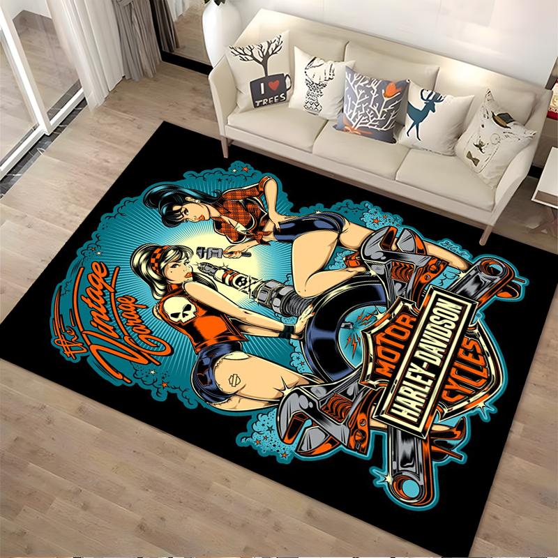 "Retro Pin-Up Girls Motorcycles Art Carpet Home Decor Floor Rug" Suitable for use as an anti-slip for living room bedroom sofas