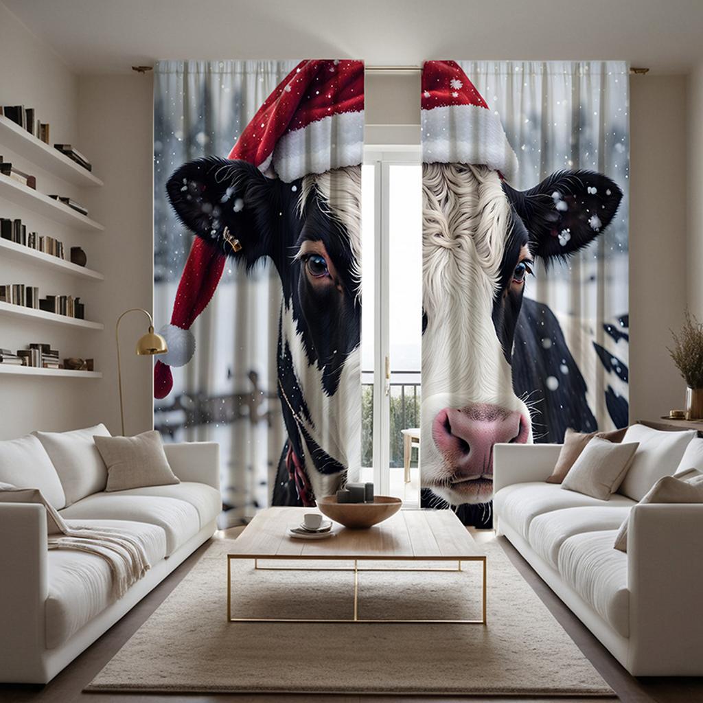 2pcs HD Cow decorative curtain with Santa hat White tie digital printed curtain Home Decoration style Decorate living room be