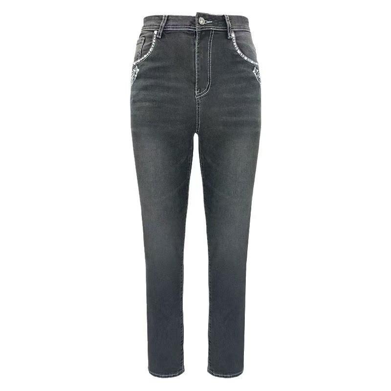 

Stretch Smoky Yellow Denim Women s Clothing Embroidered Hot Drilling Small Straight Pants With XL темно-серого