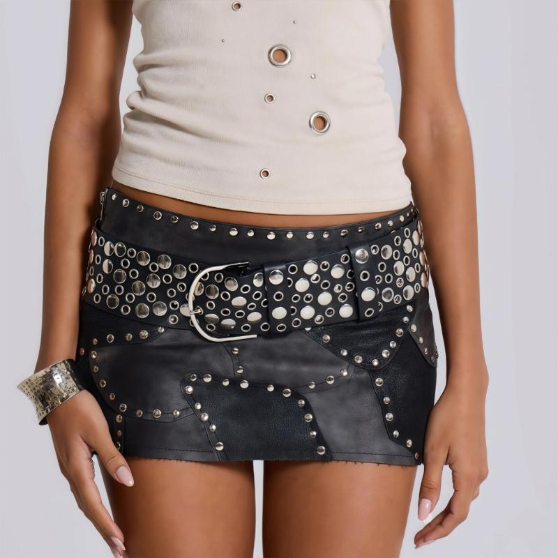 PU Leather Waist Belt with Studded Rivets Adjustable Waist Strap for Casual Outfits Gothic Punk Fashion Accessory