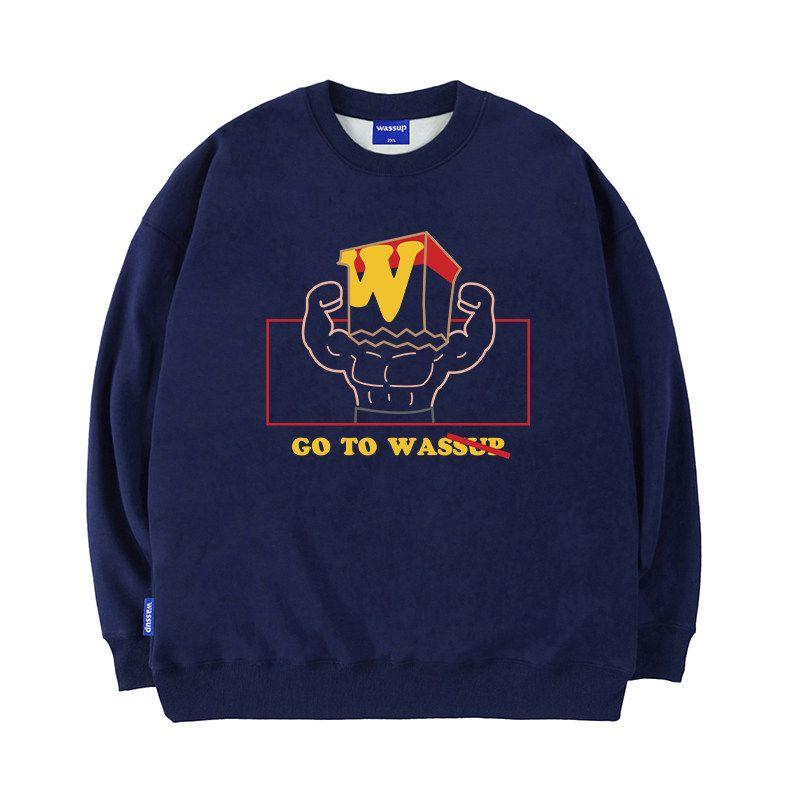 

Wassup American-Style Cartoon Muscle Man Fleece Sweatshirt for Men, Autumn and Winter Loose Casual Trendy Versatile Crew Neck Top Navy Blue (Heavyweight Essential) M