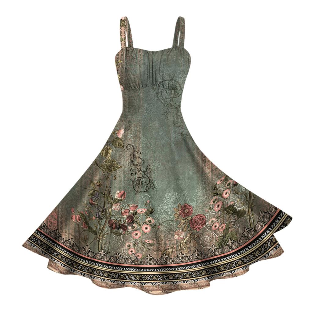 Damen Vintage Ärmellos Plissiert Patchwork Niedlich A-Linien Saum Blumendruck Kleider