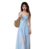 French blue square neck suspender dress women's summer seaside vacation temperament advanced sense waist thin fluffy dress