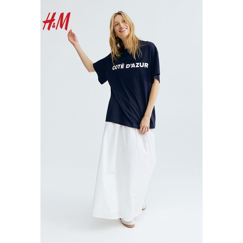 

HM Women clothes Summer T-shirt Soft Cotton Large Profile Letter Print Short sleeve 1169913 Navy/Côte d Azur 155/80((XS))