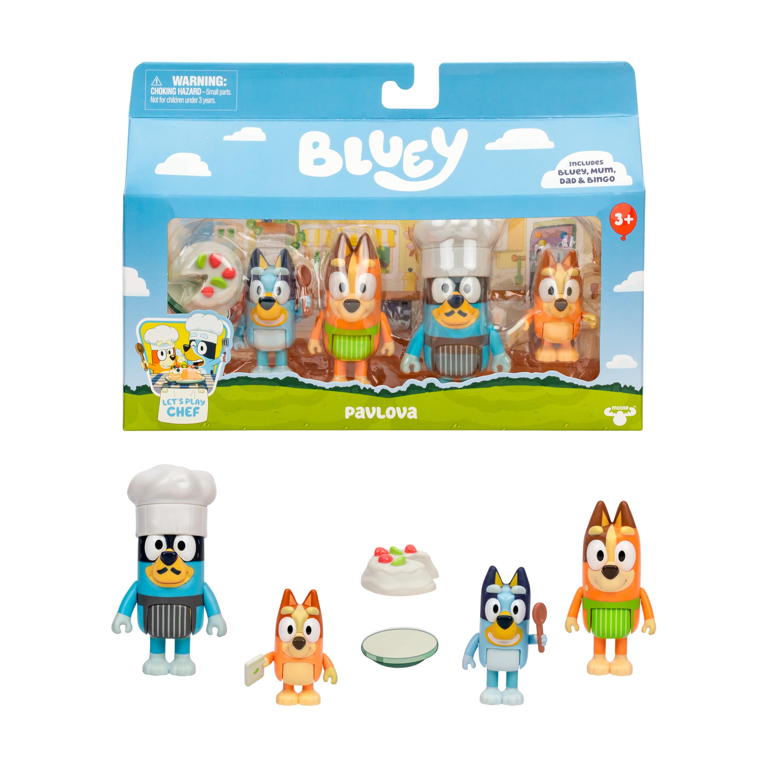 

Bluey Игровой набор из 4 фигурок Шеф-повара Паволовой, Фигурки для малышей и набор игрушек с аксессуарами шеф-повара, Подвижные, для детей от 3 до 5 лет