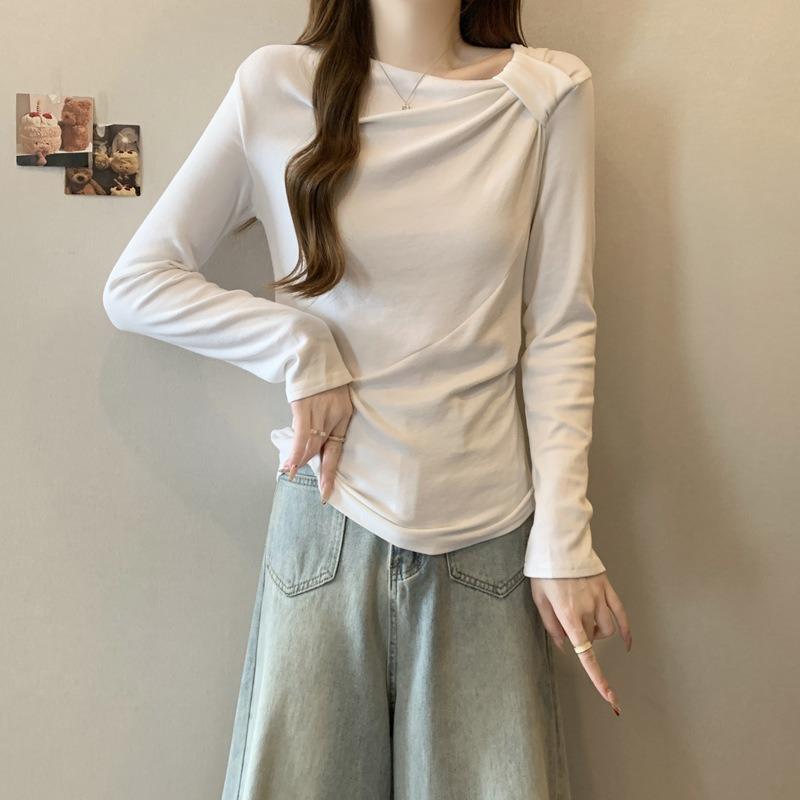 Slant neck long-sleeved T-shirt women's autumn and winter fleece polished bottoming shirt with slim-fitting pleated top