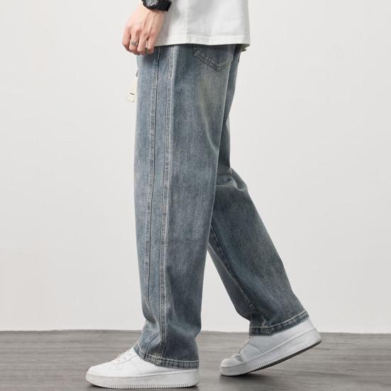 Calça jeans masculina de verão, cintura elástica, cordão ajustável, calça jeans com bolsos, cor sólida, perna larga, calça casual