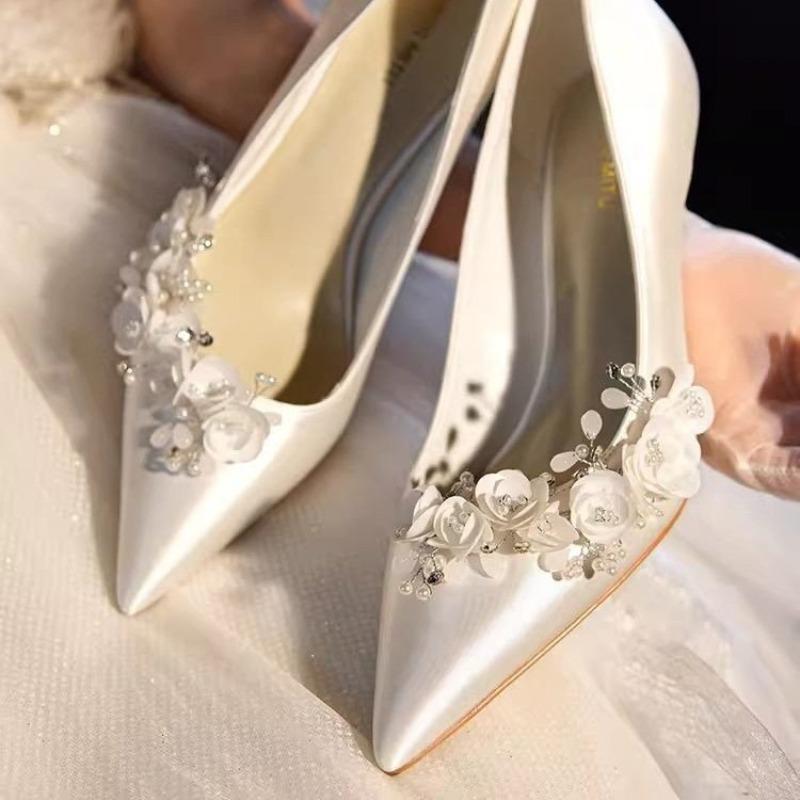 

Женские белые туфли со стразами для свадьбы, французские остроносые туфли на тонком каблуке, туфли на высоком каблуке, романтичные свадебные туфли-лодочки 42
