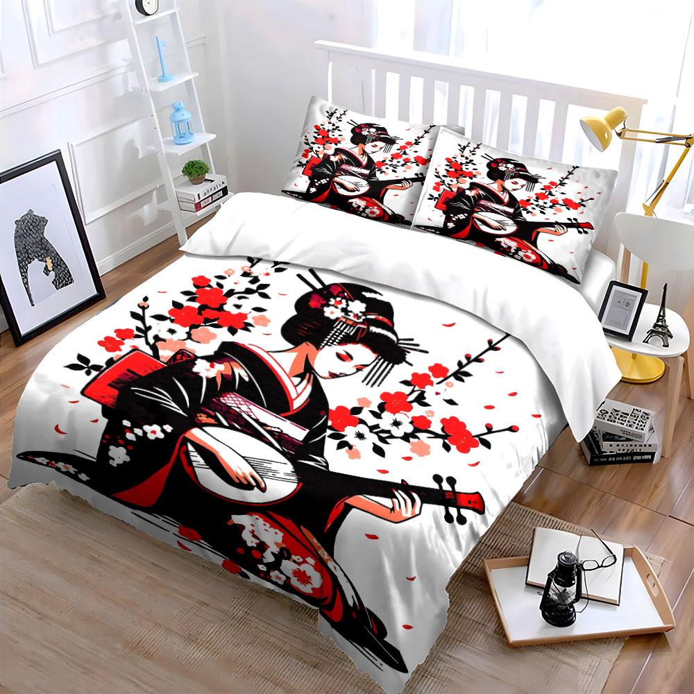 Geisha In Kimono Playing Shamisen Printed Duvet Cover Set1 Duvet Cover+2 Pillowcasemulti Size Bedroom Bedding Decor