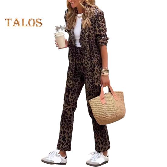 

2 шт./комплект женский формальный пиджак брюки комплект длинные рукава леопардовый принт лацкан кардиган средней длины пиджак прямые брюки с высокой талией формальный деловой XXXL хаки