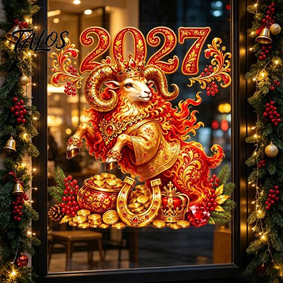 Holiday Window Display Supplies 2027 Red Golden Sheep Cling, Electrostatic Glass Sticker with Cornucopia, PVC Waterproof Easy Install Clings Decal for