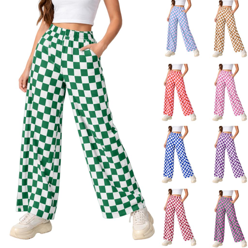 Women's Casual Wide Leg Checkered Pants, High-Waist Elastic Waist, Loose Comfy Trousers With Side Pockets