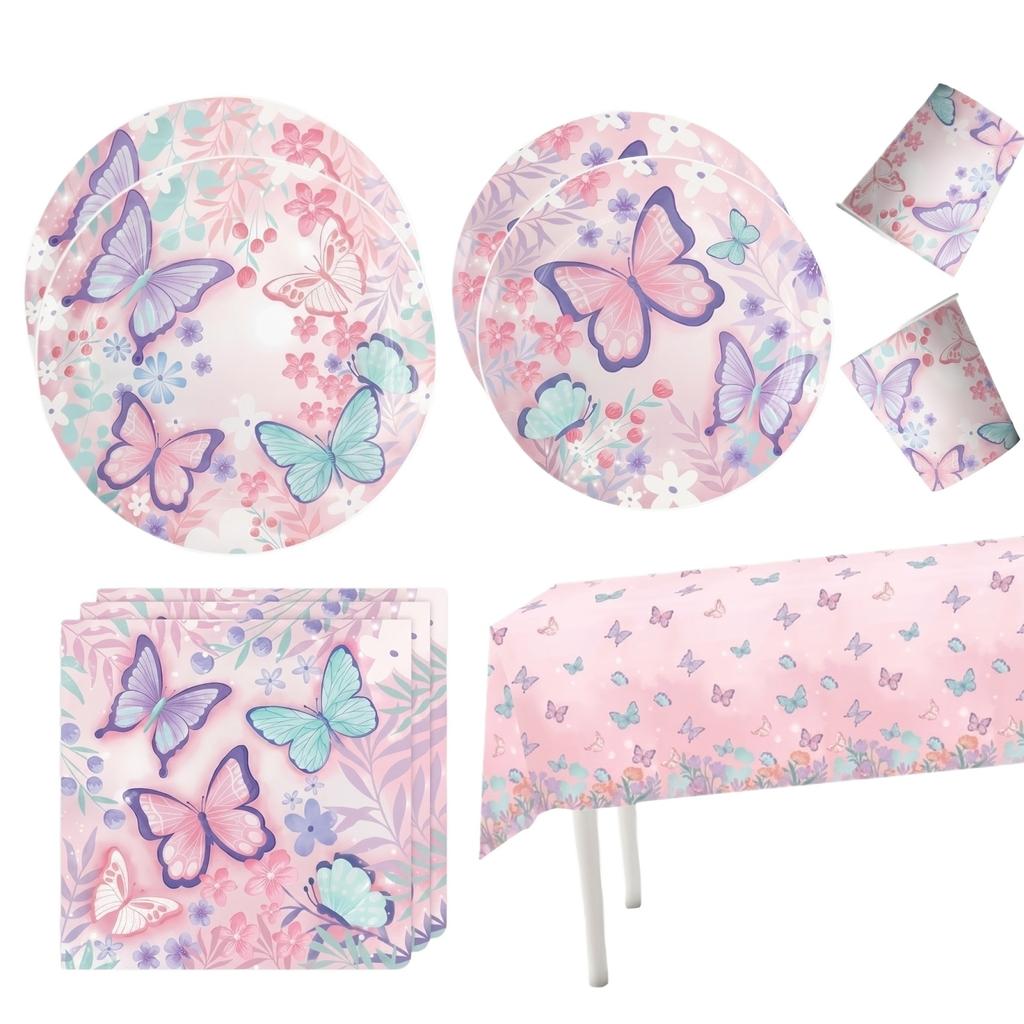 Schmetterling Thema Geburtstagsparty Zubehör Set Enthält Teller Becher Servietten Tischdecke für Kinder Party Dekoration Geschirr Set