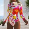 Women Plus Size Long Sleeve High Neck Half Zip Floral Print One Piece Swimsuit