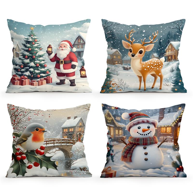 Short Plush Material Pillowcasehome Decor Christmas Scenes: Santa, Deer, Bird, Snowman Pattern Cushion Cover Suitable For Sofa B