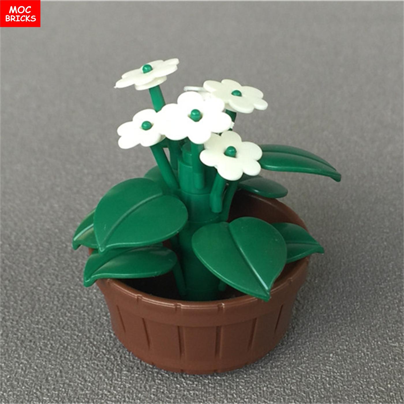 MOC Bausteine Blumentopf Vase Rosenpflanze Bonsai Straßen Garten Haus Dekoration Freunde Konstruktionssteine Bausätze Kinderspielzeug