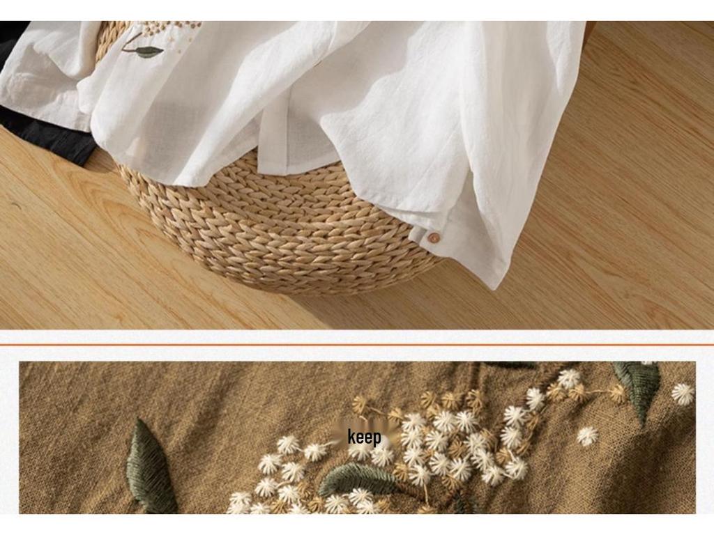 Hong Kong Style Embroidered Cotton Linen Shirt - Artistic Retro Casual Top for Women, Spring/Autumn 2025.