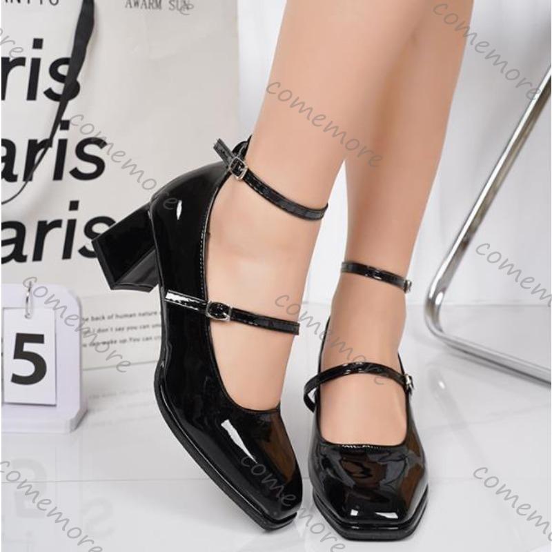 Fashion Comemore Square Head Mary Jane Shoes Women Spring Autumn Retro Belt Buckle Shallow Mouth Single Shoes Black Red High Heel Pumps