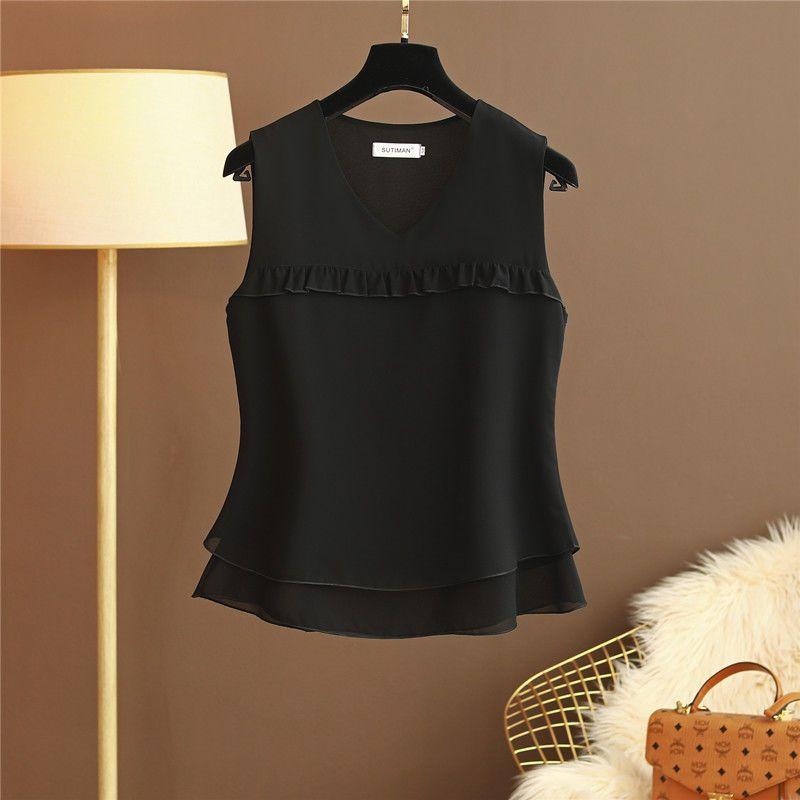 

Летняя новая майка-топ без рукавов с V-образным вырезом на бретелях для женщин, однотонная, с лоскутным узором, оборками, свободная, простая, модная, корейская, повседневная, тонкий жилет 6XL чёрный