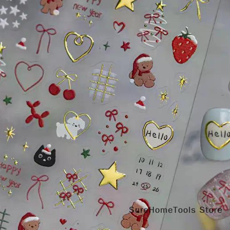 1Sheet Christmas Nail Stickers - Cute Snowflake Penguin Crystal Ball Red Hat Star Bow Lace Decals, Winter Manicure DIY Decor