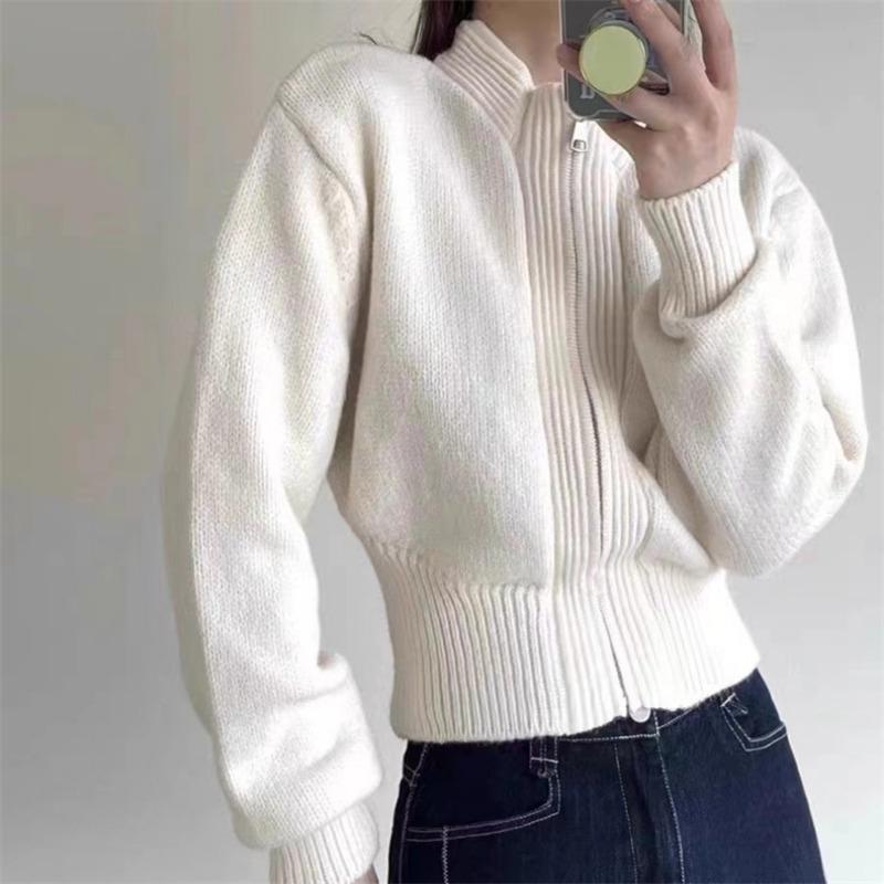 Short design zipper semi-turtleneck knitted cardigan women's small casual simple solid color sweater jacket