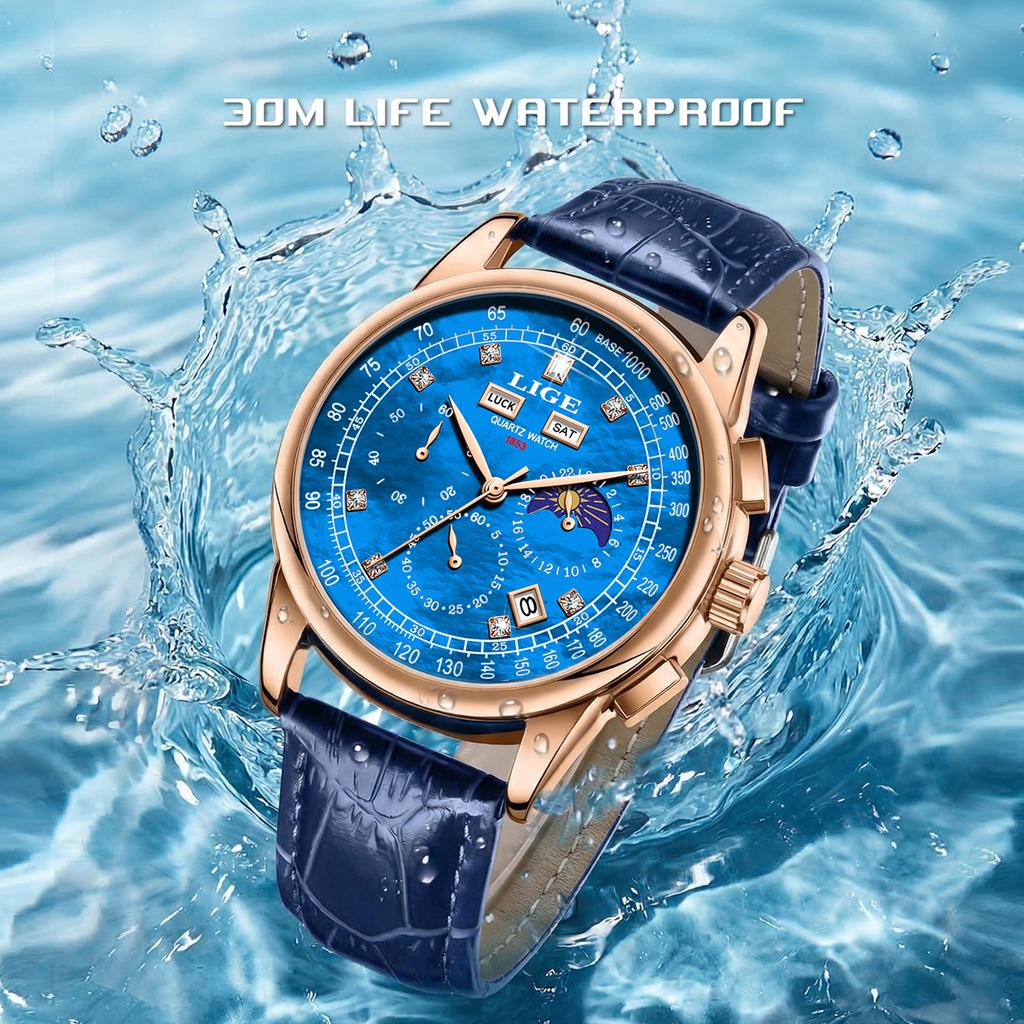 LIGE men's watch business quartz calendar waterproof trendy moon phase men sports watches reloj hommes Watches Gift For Men